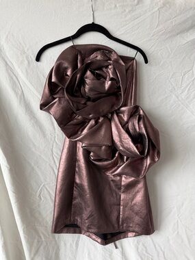 Zara Metallic Rose Strapless Mini Dress with Sculpted Rosette Details
